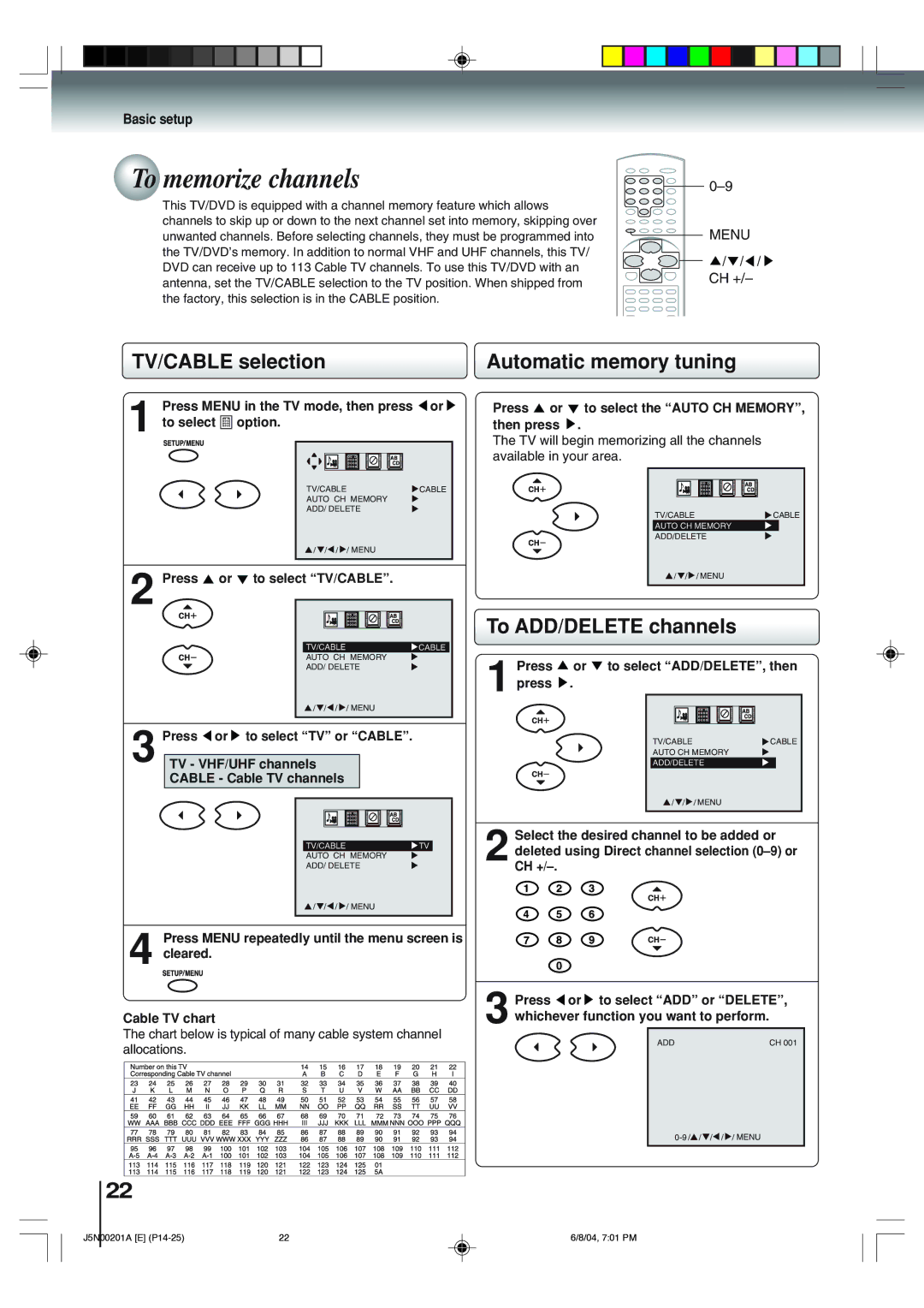 Toshiba SD-P4000 owner manual To memorize channels, TV/CABLE selection, Automatic memory tuning, To ADD/DELETE channels 