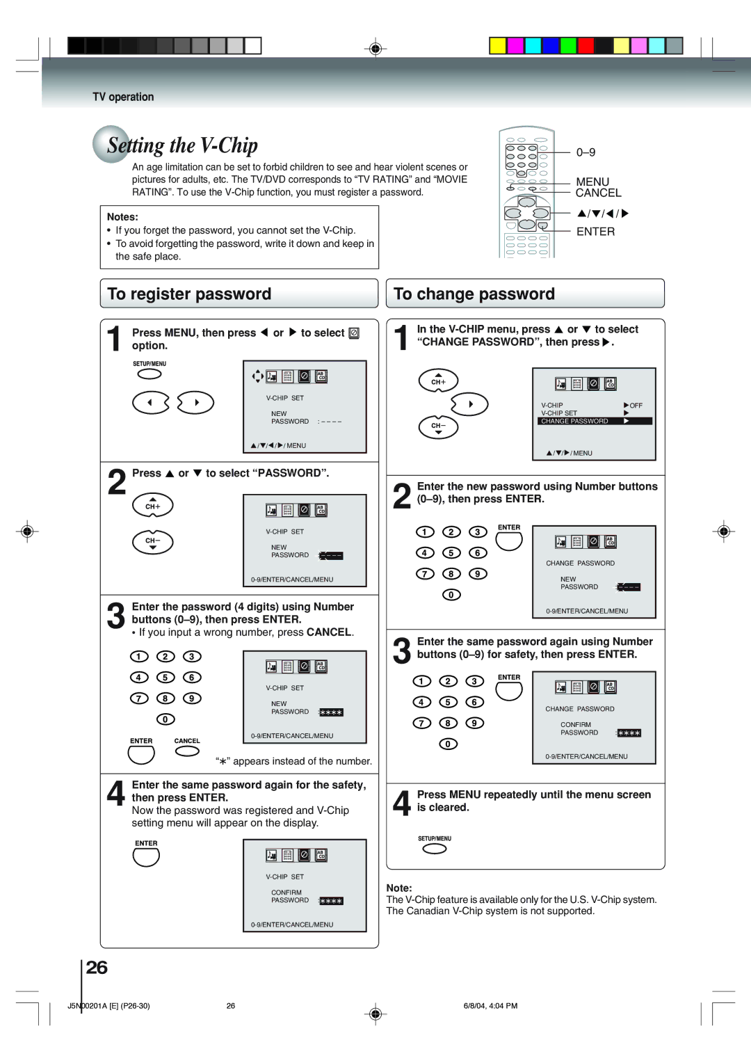 Toshiba SD-P4000 owner manual Setting the V-Chip, To register password, To change password 