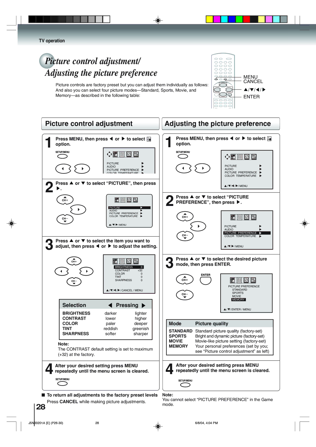 Toshiba SD-P4000 owner manual Picture control adjustment Adjusting the picture preference, Mode Picture quality 