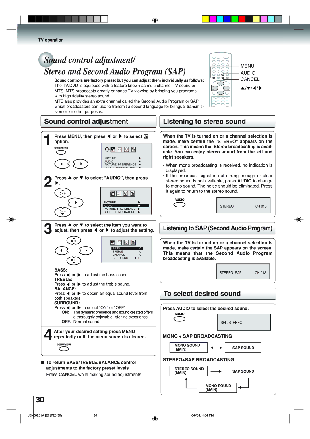 Toshiba SD-P4000 owner manual Sound control adjustment, Listening to stereo sound, Listening to SAP Second Audio Program 