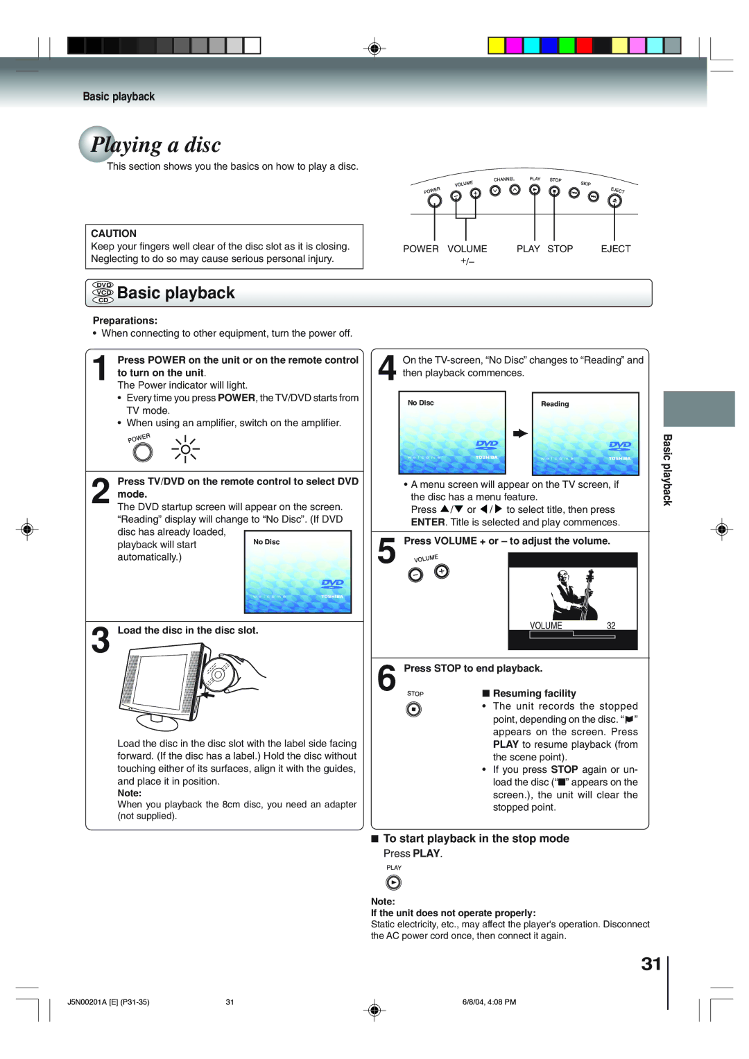 Toshiba SD-P4000 owner manual Playing a disc, Vcdcd Basic playback,  To start playback in the stop mode 