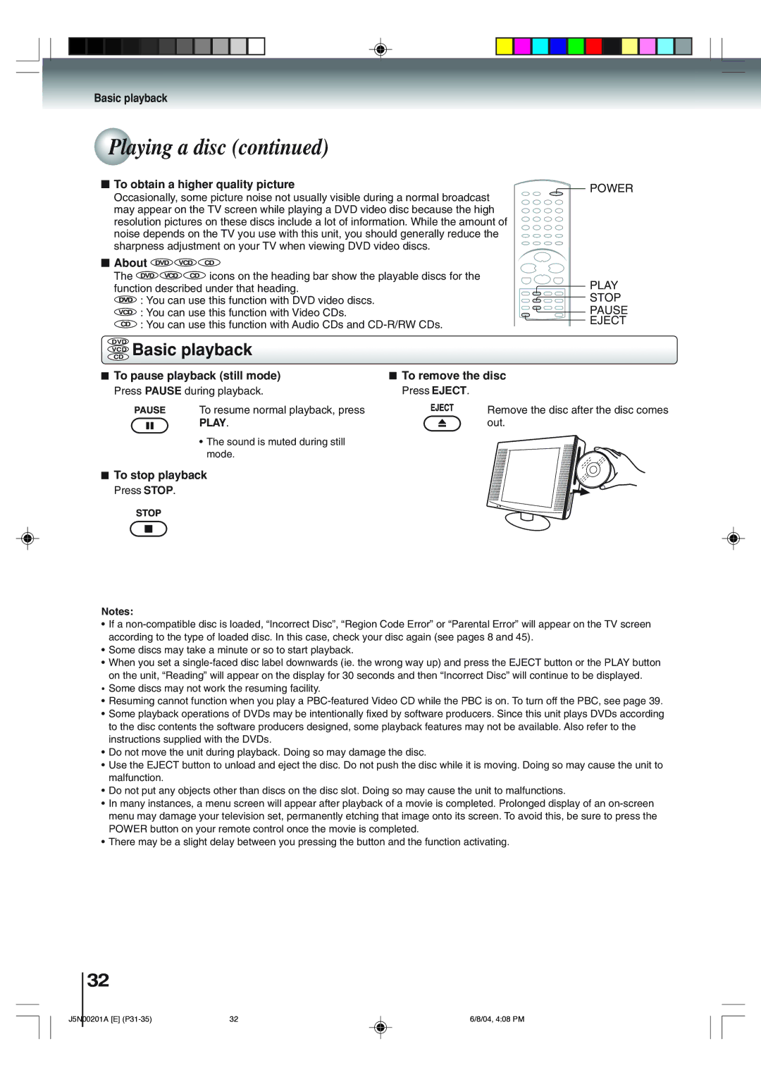 Toshiba SD-P4000 owner manual To obtain a higher quality picture, About, To pause playback still mode To remove the disc 