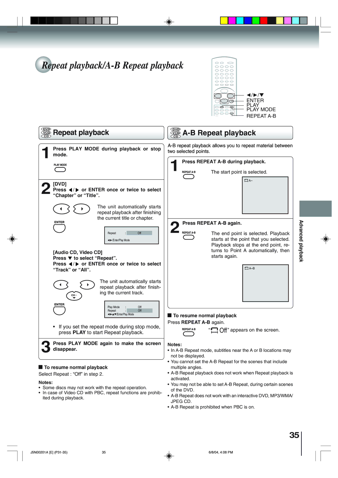 Toshiba SD-P4000 owner manual Repeat playback/A-B Repeat playback, VCD Repeat playback, VCD A-B Repeat playback 