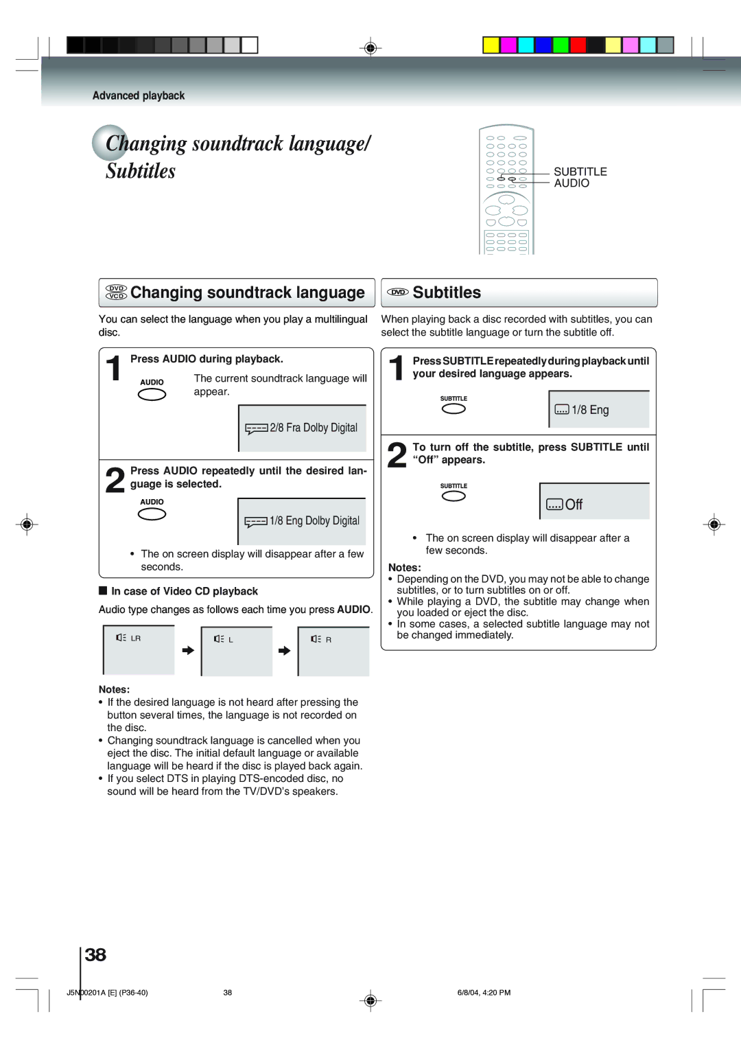 Toshiba SD-P4000 owner manual Changing soundtrack language/ Subtitles, Dvdvcd Changing soundtrack language Subtitles 