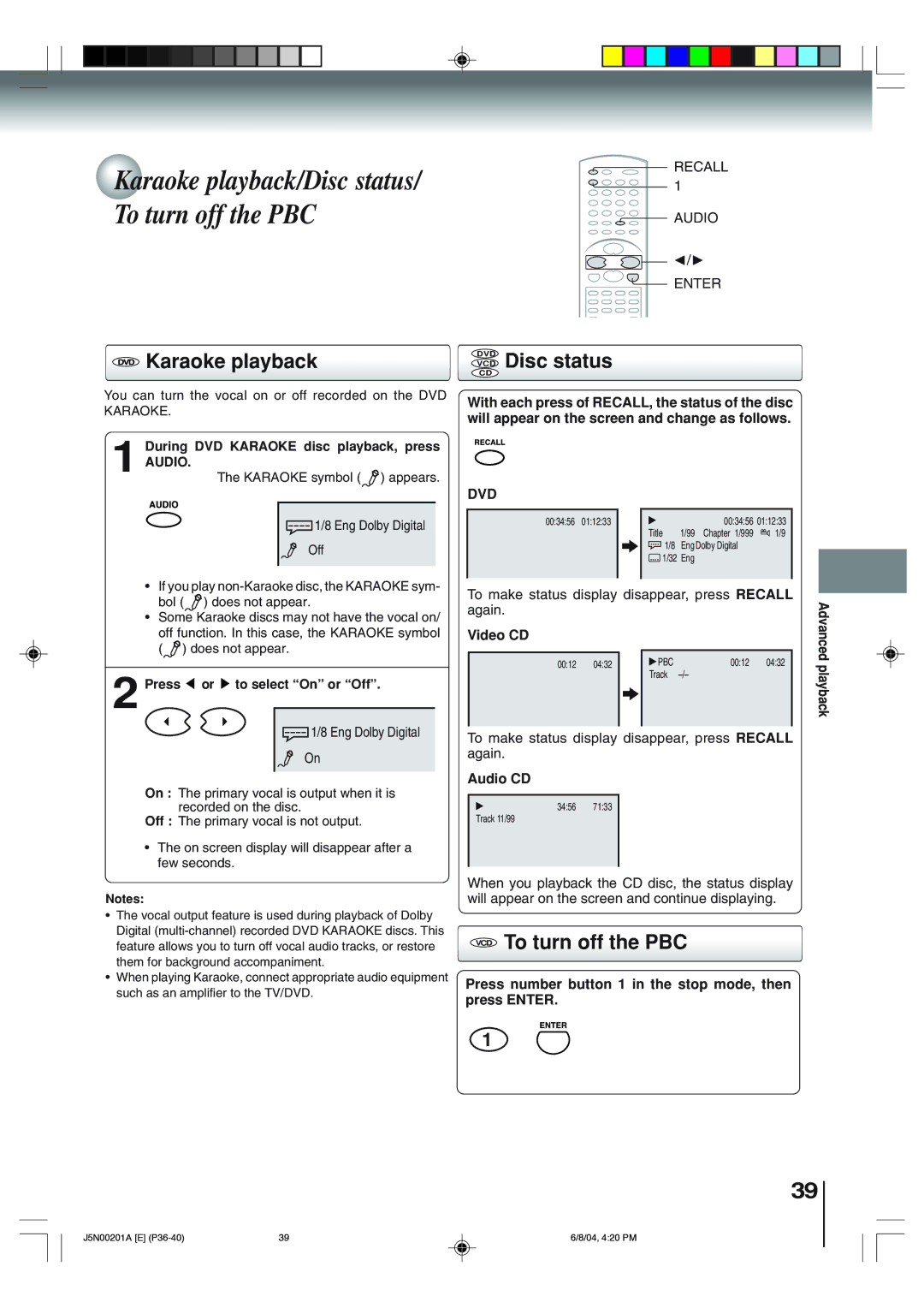 Toshiba SD-P4000 owner manual Karaoke playback/Disc status, VCD To turn off the PBC 