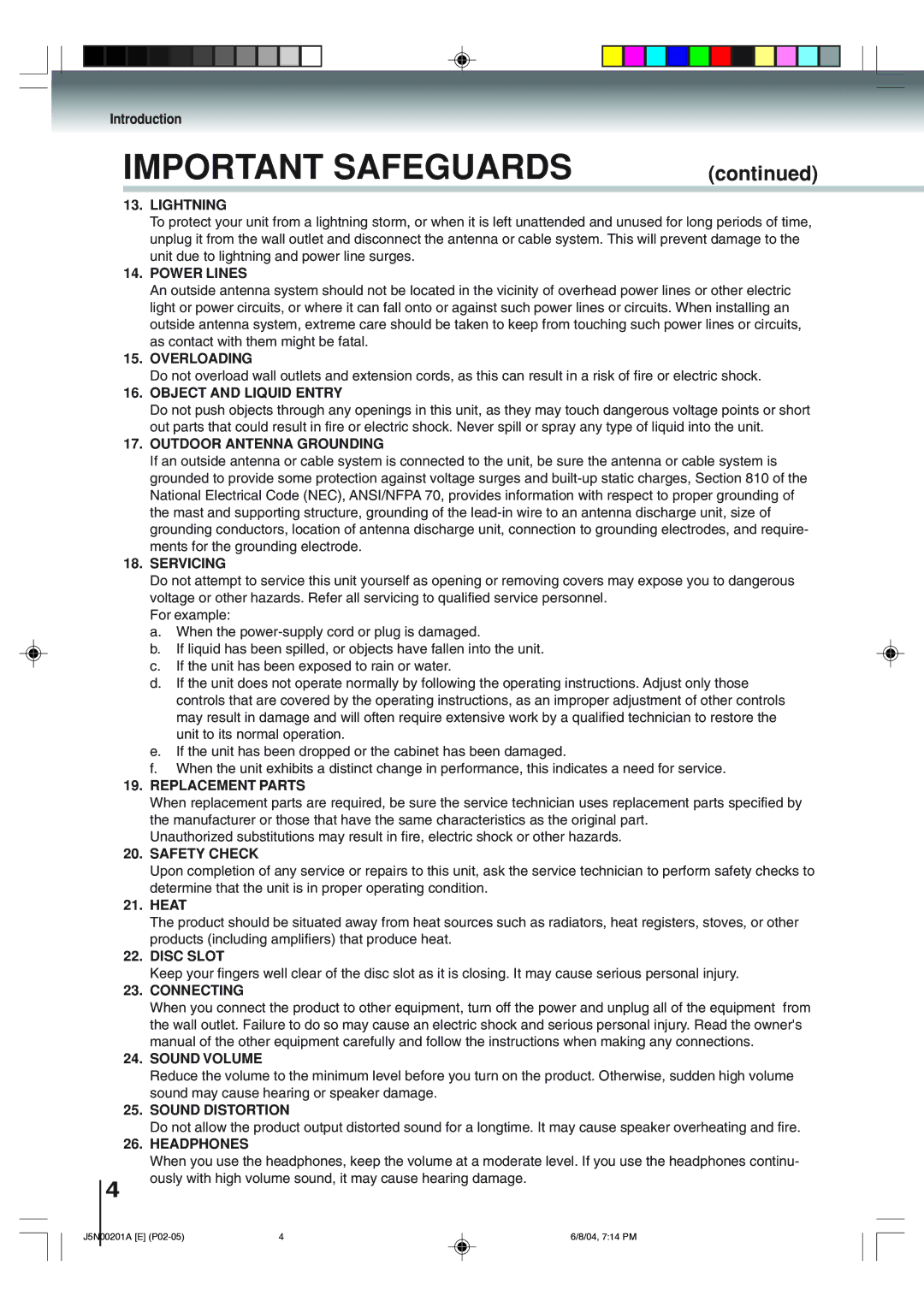 Toshiba SD-P4000 Lightning, Power Lines, Overloading, Object and Liquid Entry, Outdoor Antenna Grounding, Servicing, Heat 