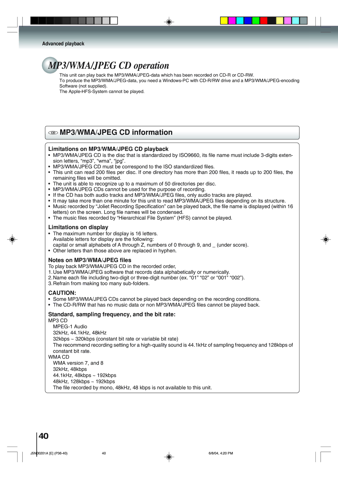 Toshiba SD-P4000 owner manual MP3/WMA/JPEG CD operation, CD MP3/WMA/JPEG CD information 