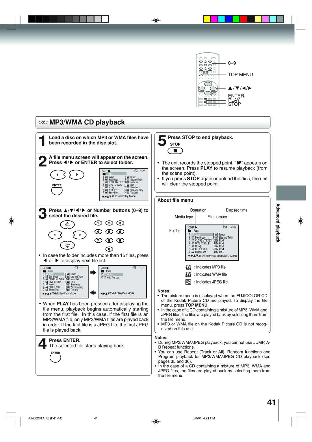 Toshiba SD-P4000 owner manual CD MP3/WMA CD playback, Press Enter, 5Press Stop to end playback, About file menu 