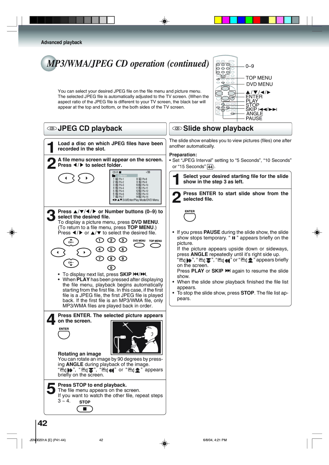 Toshiba SD-P4000 owner manual CD Jpeg CD playback, CD Slide show playback, Press Stop to end playback, Preparation 