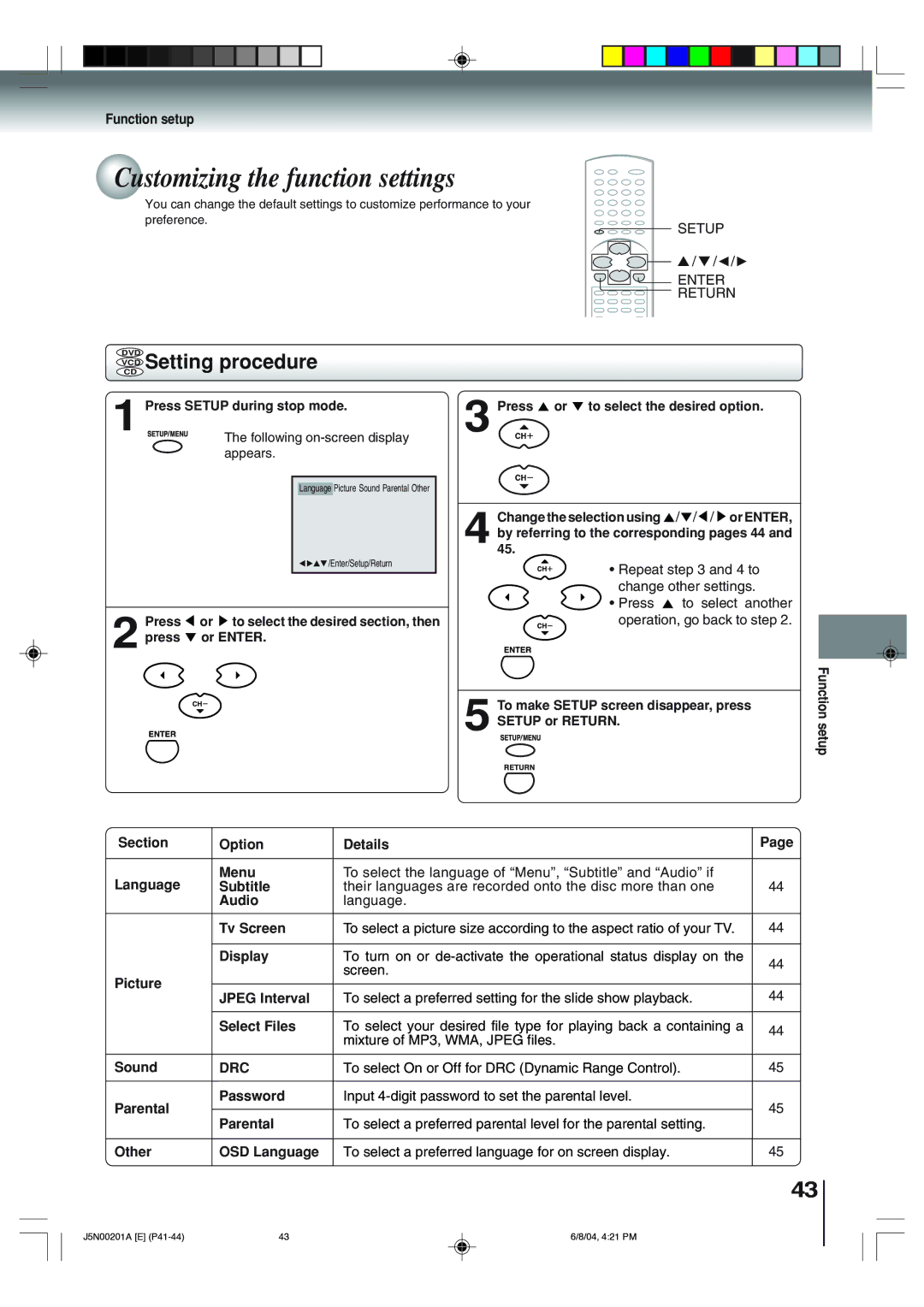 Toshiba SD-P4000 owner manual Customizing the function settings, VCD Setting procedure, Function setup, Drc 