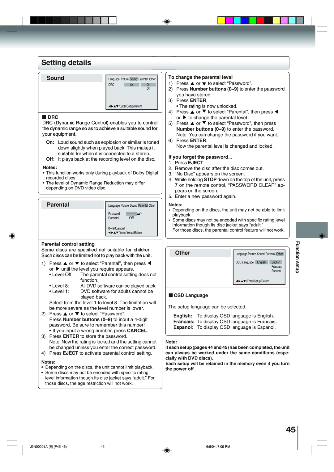 Toshiba SD-P4000 Drc, Parental control setting, To change the parental level, If you forget the password, OSD Language 