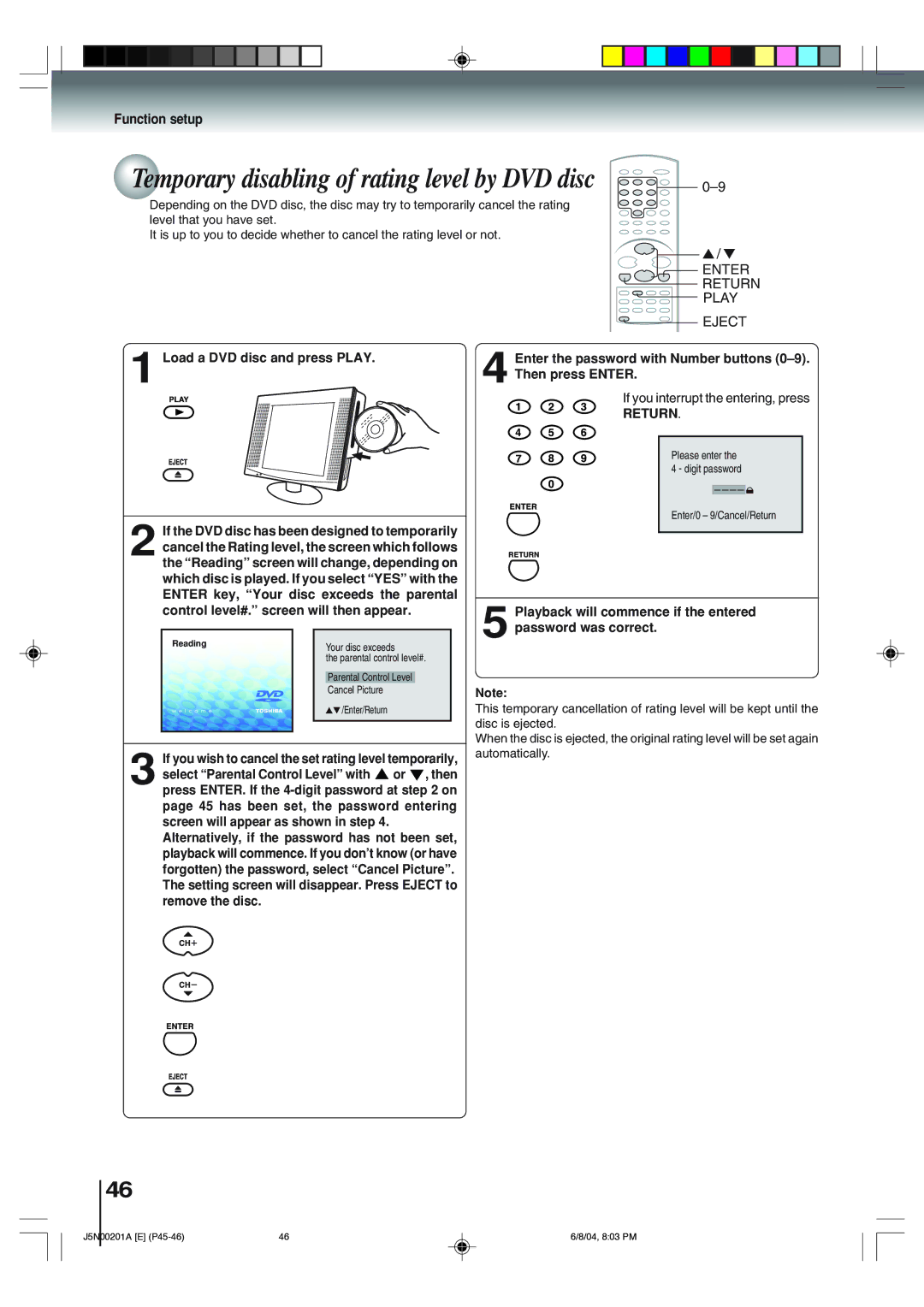 Toshiba SD-P4000 Temporary disabling of rating level by DVD disc, Load a DVD disc and press Play, Then press Enter, Return 