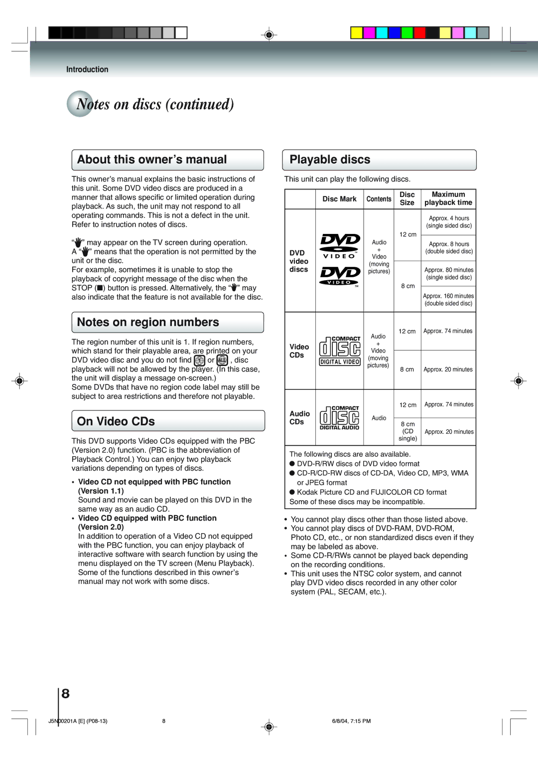 Toshiba SD-P4000 owner manual On Video CDs, Playable discs, Dvd 