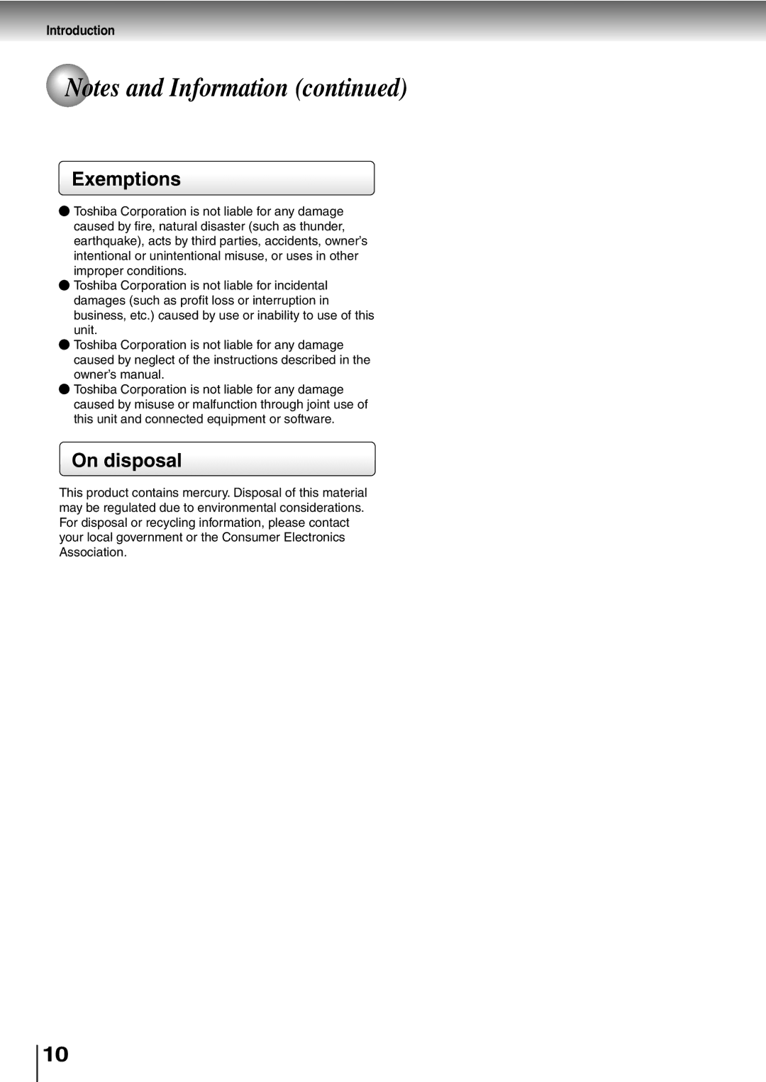 Toshiba SD-P5000 manual Exemptions, On disposal 