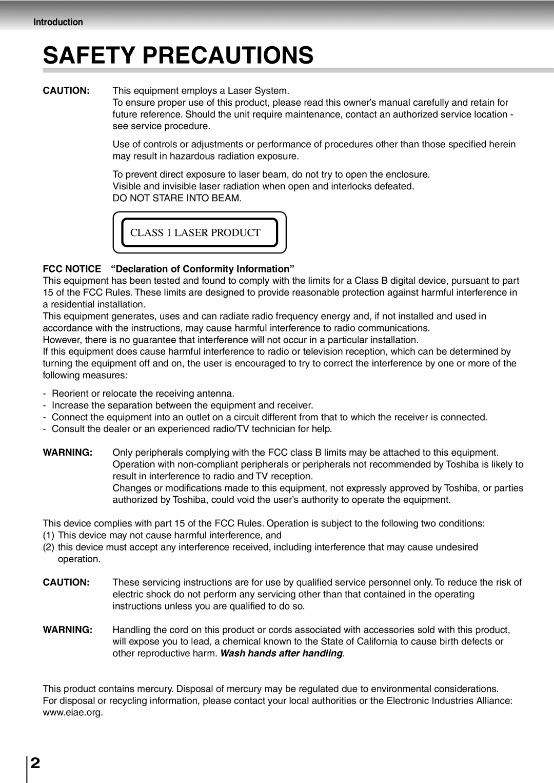 Toshiba SD-P5000 manual Introduction, FCC Notice Declaration of Conformity Information 