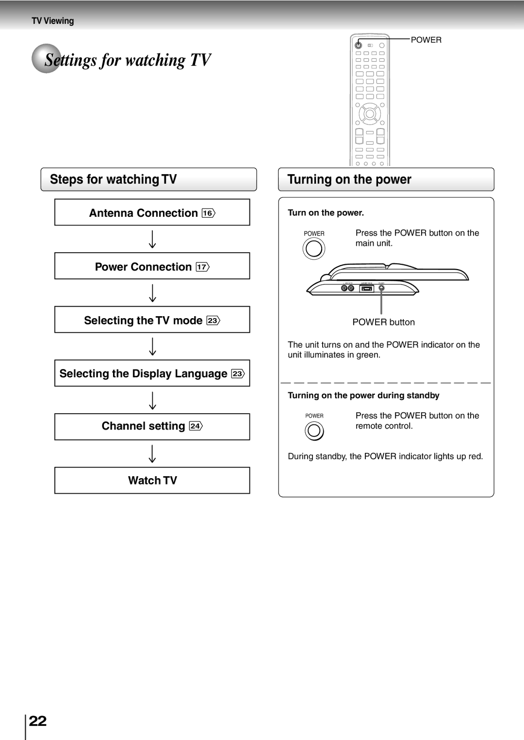 Toshiba SD-P5000 manual Settings for watching TV, Steps for watching TV, Turning on the power, TV Viewing 