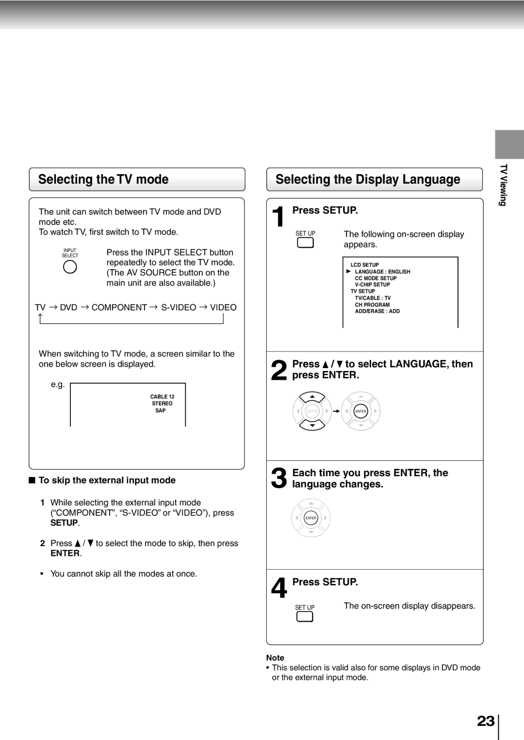 Toshiba SD-P5000 manual Selecting the TV mode, Selecting the Display Language, Press Setup 