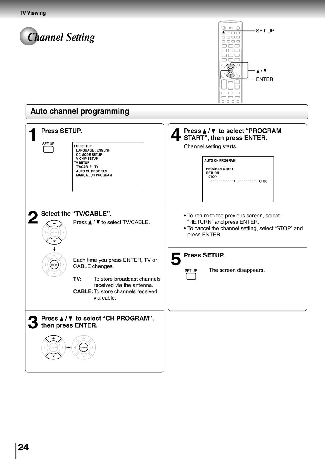 Toshiba SD-P5000 manual Channel Setting, Auto channel programming, Press / to select Program START, then press Enter 