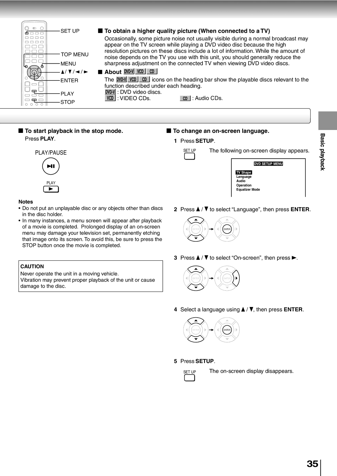 Toshiba SD-P5000 manual To obtain a higher quality picture When connected to a TV, To start playback in the stop mode 