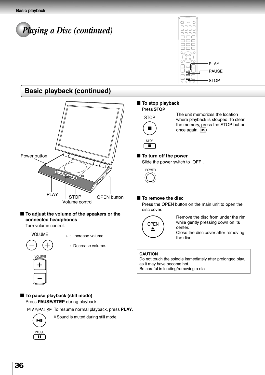 Toshiba SD-P5000 manual To stop playback, To turn off the power, To remove the disc, To pause playback still mode 