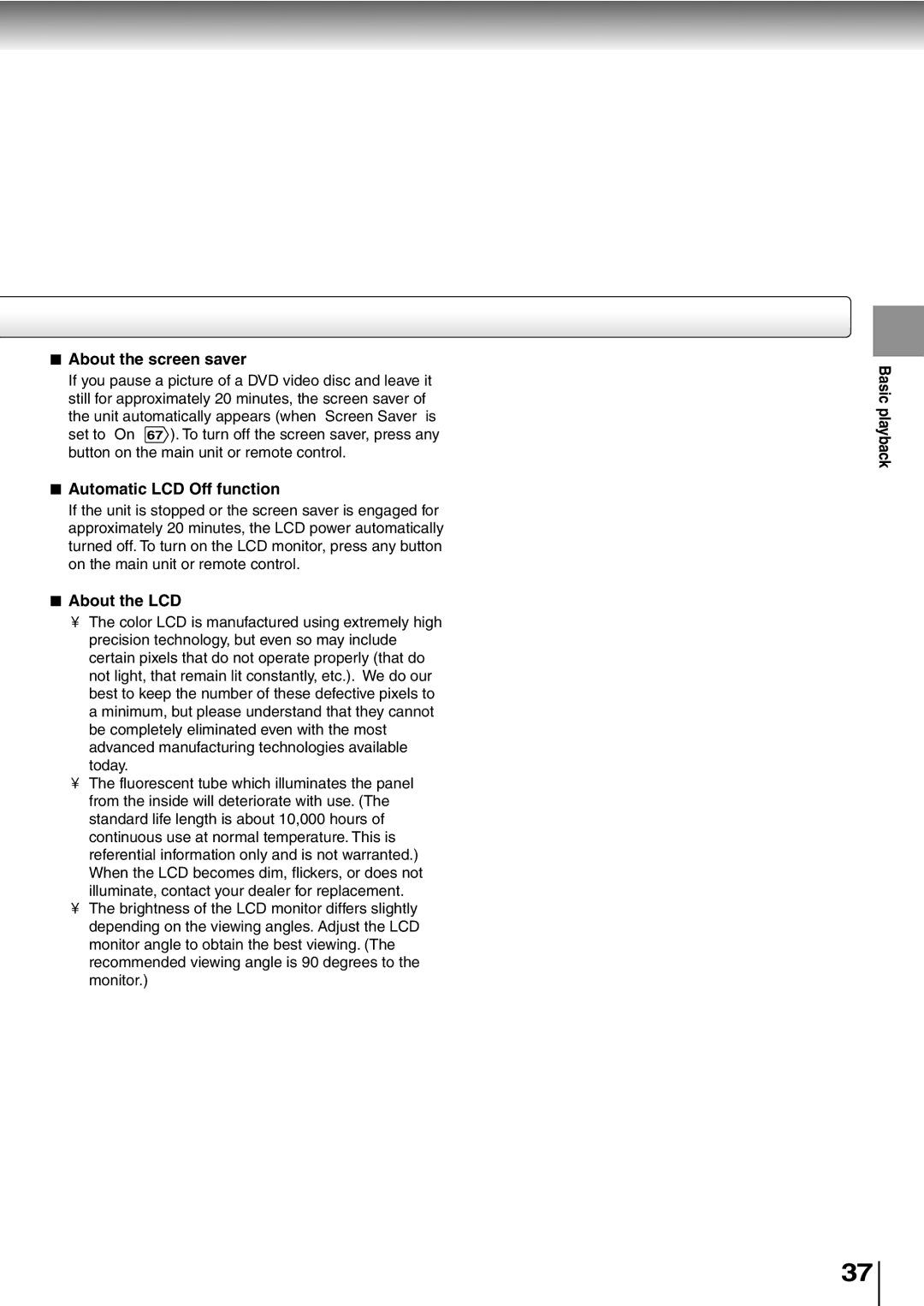 Toshiba SD-P5000 manual About the screen saver, Automatic LCD Off function, About the LCD 