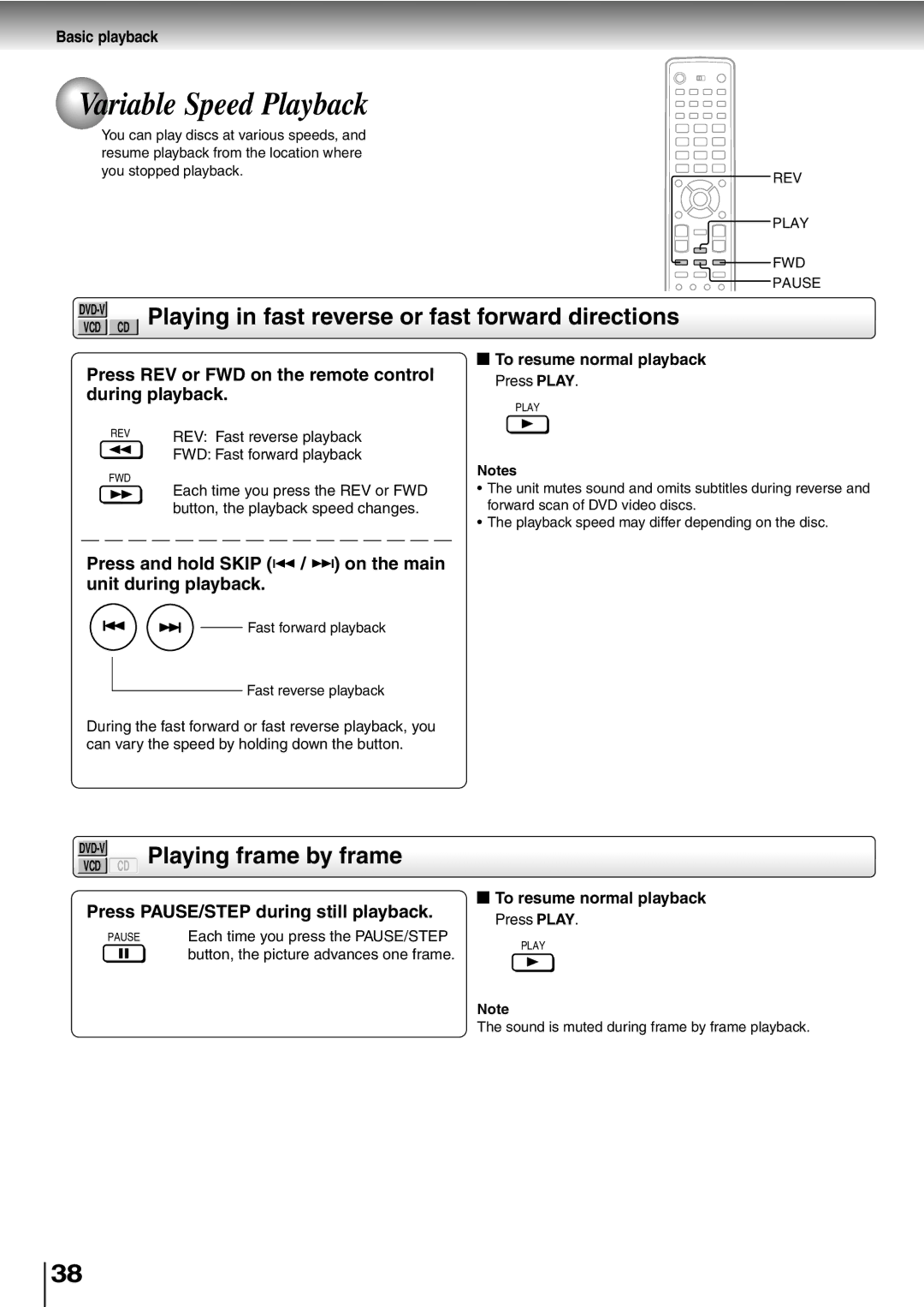 Toshiba SD-P5000 manual Variable Speed Playback, Playing in fast reverse or fast forward directions, Playing frame by frame 