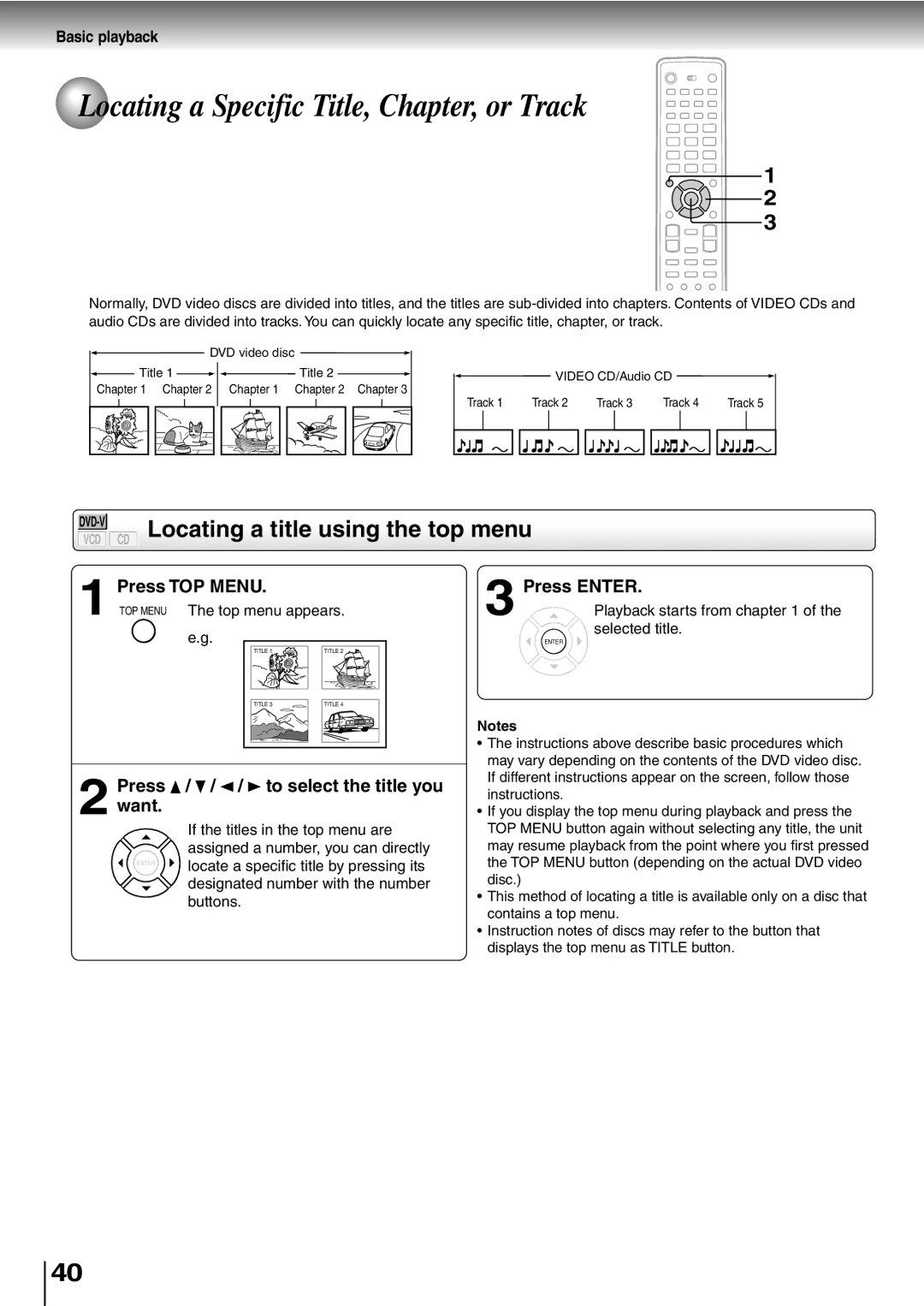 Toshiba SD-P5000 manual Locating a Specific Title, Chapter, or Track, Locating a title using the top menu, Press TOP Menu 