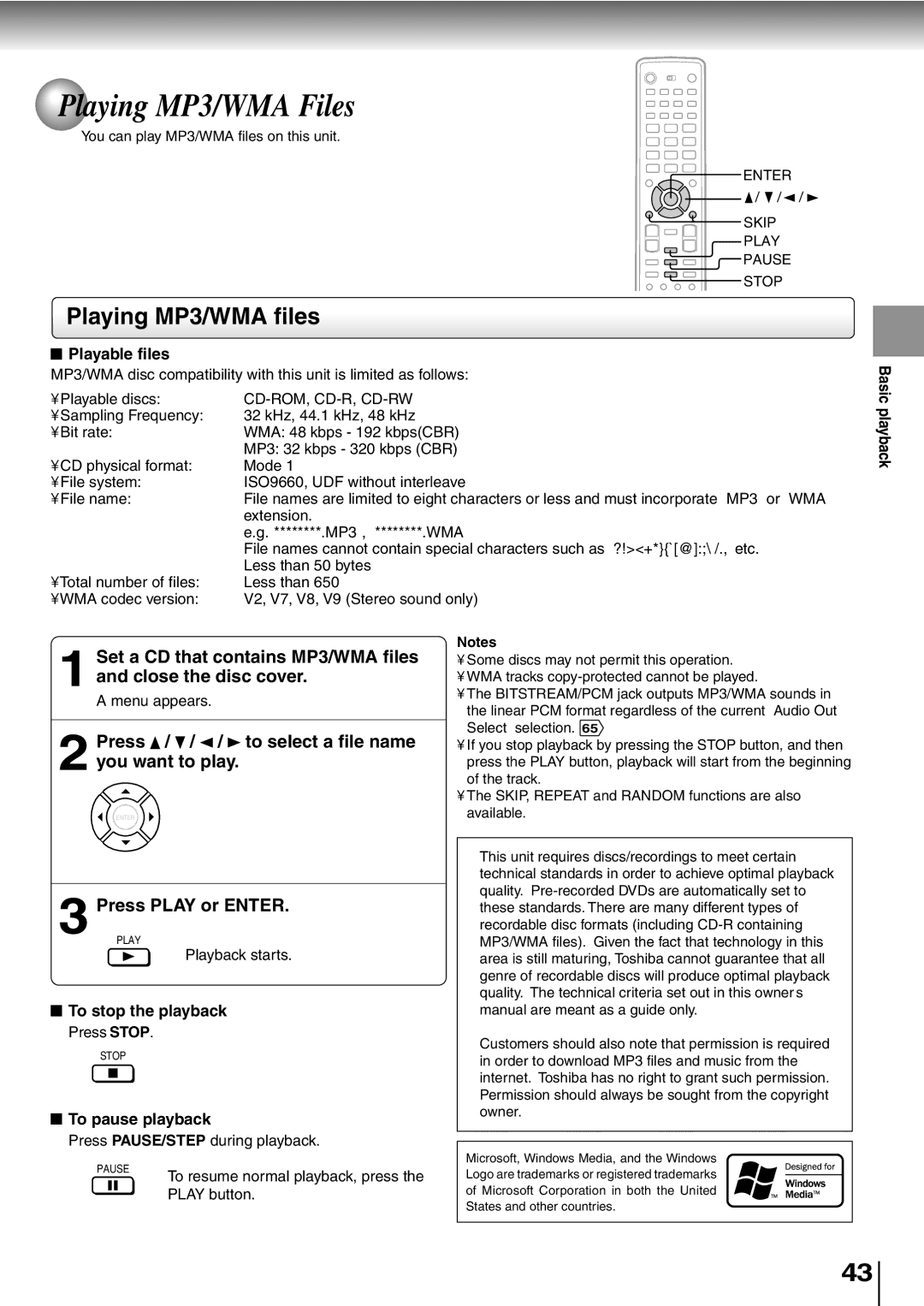 Toshiba SD-P5000 Playing MP3/WMA Files, Playing MP3/WMA files, Set a CD that contains MP3/WMA files Close the disc cover 