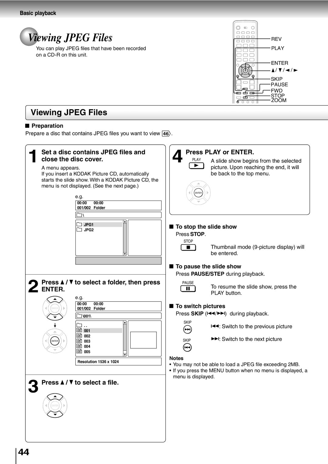 Toshiba SD-P5000 Viewing Jpeg Files, Set a disc contains Jpeg files and close the disc cover, Press / to select a file 