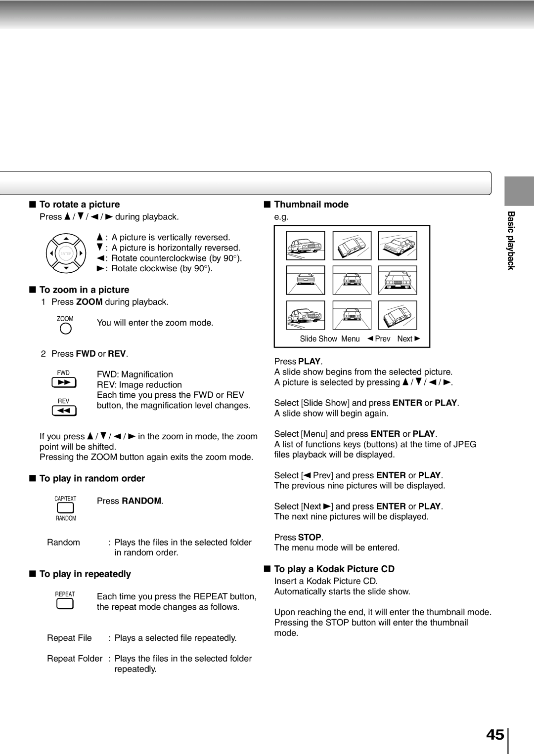 Toshiba SD-P5000 To rotate a picture Thumbnail mode, To zoom in a picture, To play in random order, To play in repeatedly 