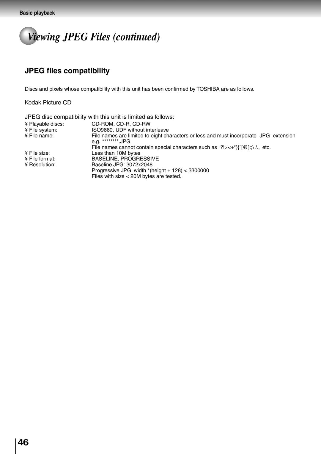 Toshiba SD-P5000 manual Jpeg files compatibility, BASELINE, Progressive 