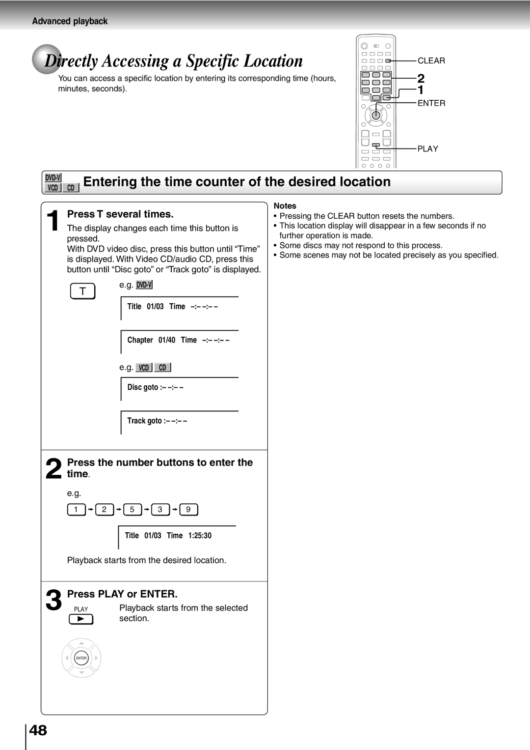 Toshiba SD-P5000 manual Directly Accessing a Specific Location, CD Entering the time counter of the desired location 