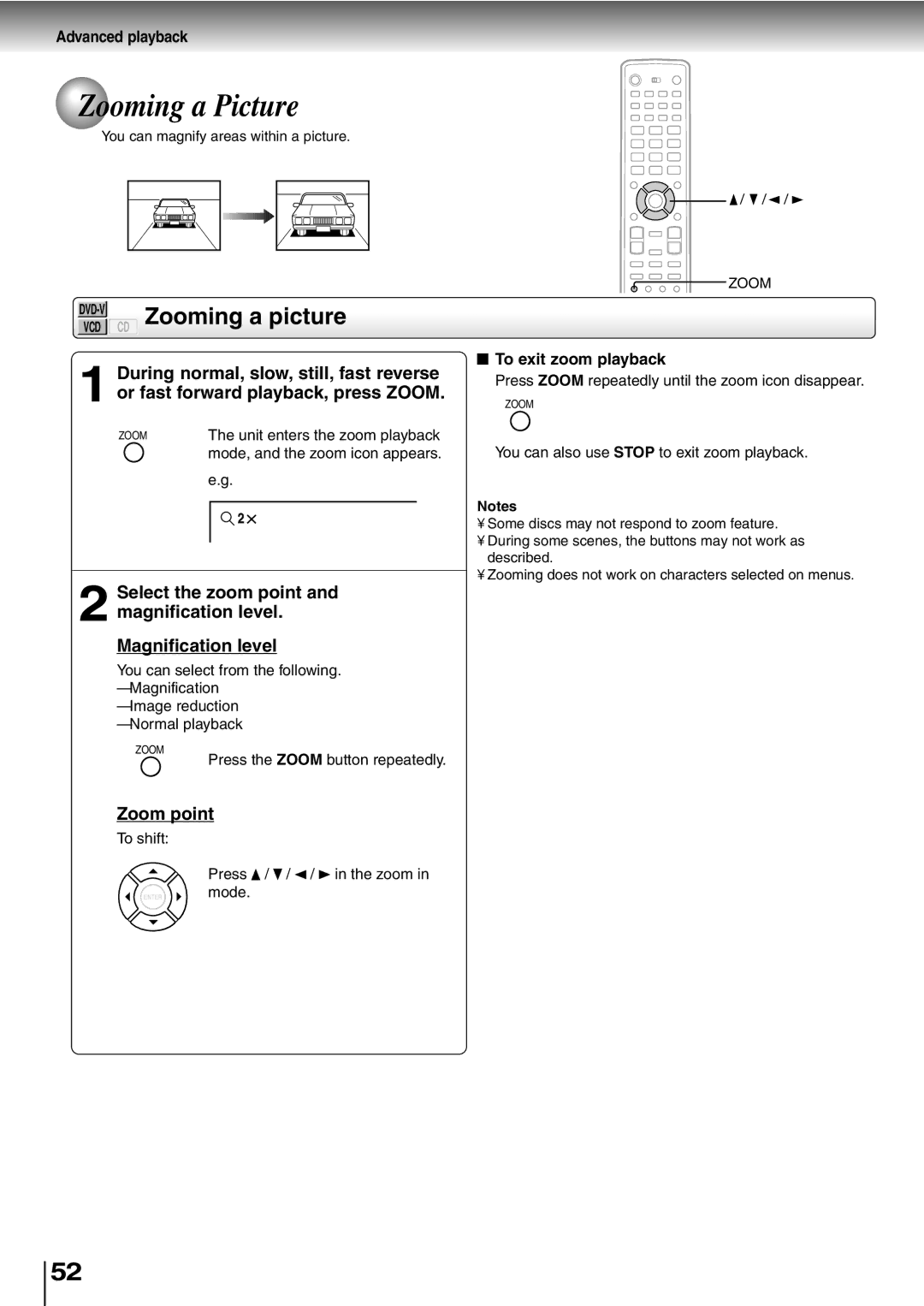 Toshiba SD-P5000 manual Zooming a Picture, Zooming a picture, Zoom point, To exit zoom playback 