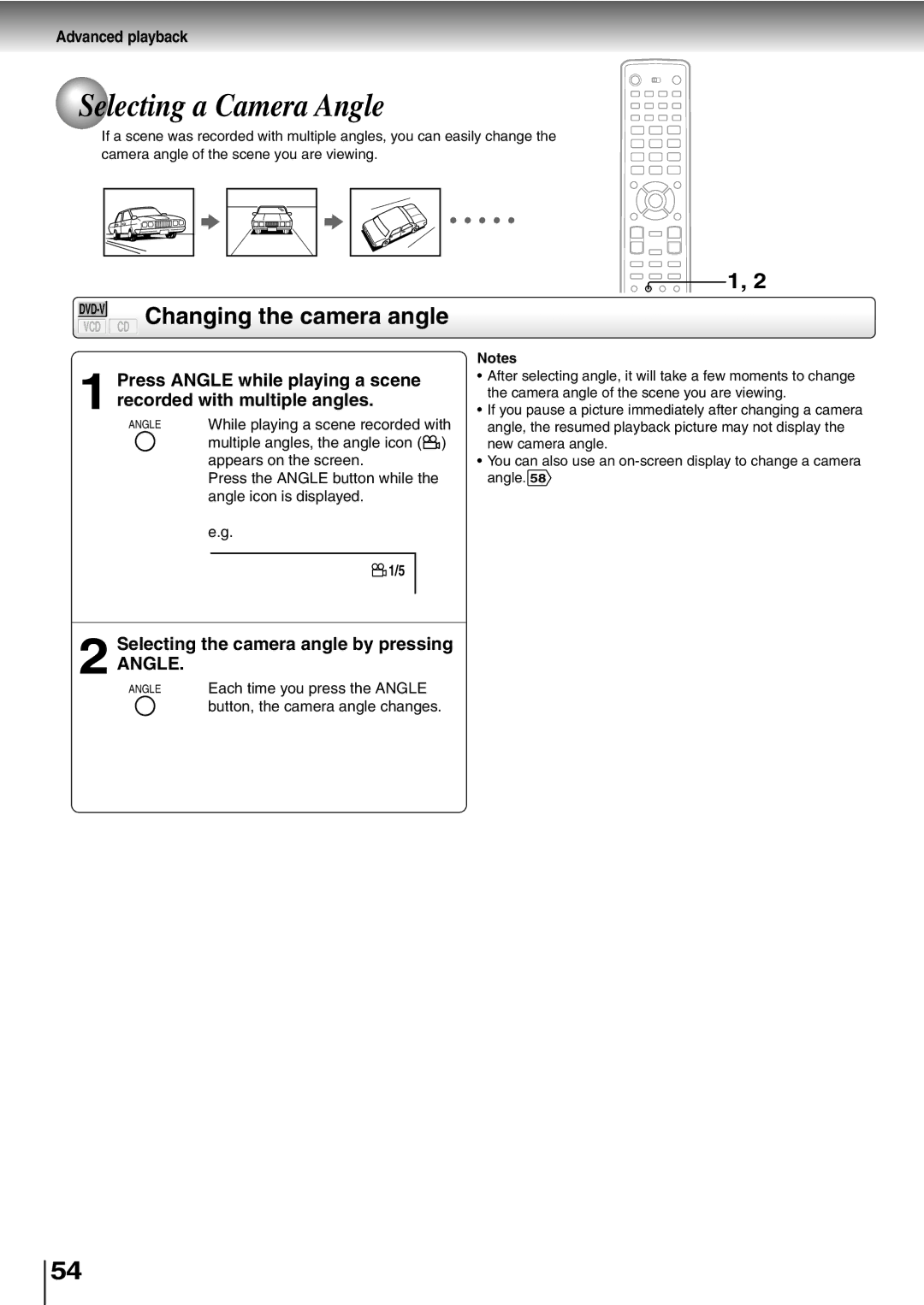 Toshiba SD-P5000 manual Selecting a Camera Angle, Changing the camera angle, Selecting the camera angle by pressing 