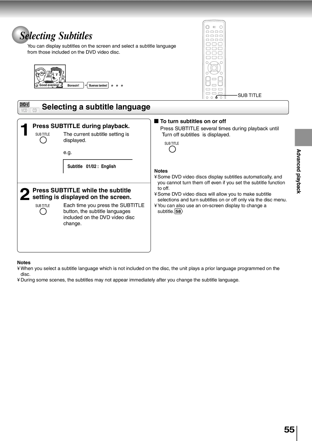 Toshiba SD-P5000 manual Selecting Subtitles, CD Selecting a subtitle language, Press Subtitle during playback 