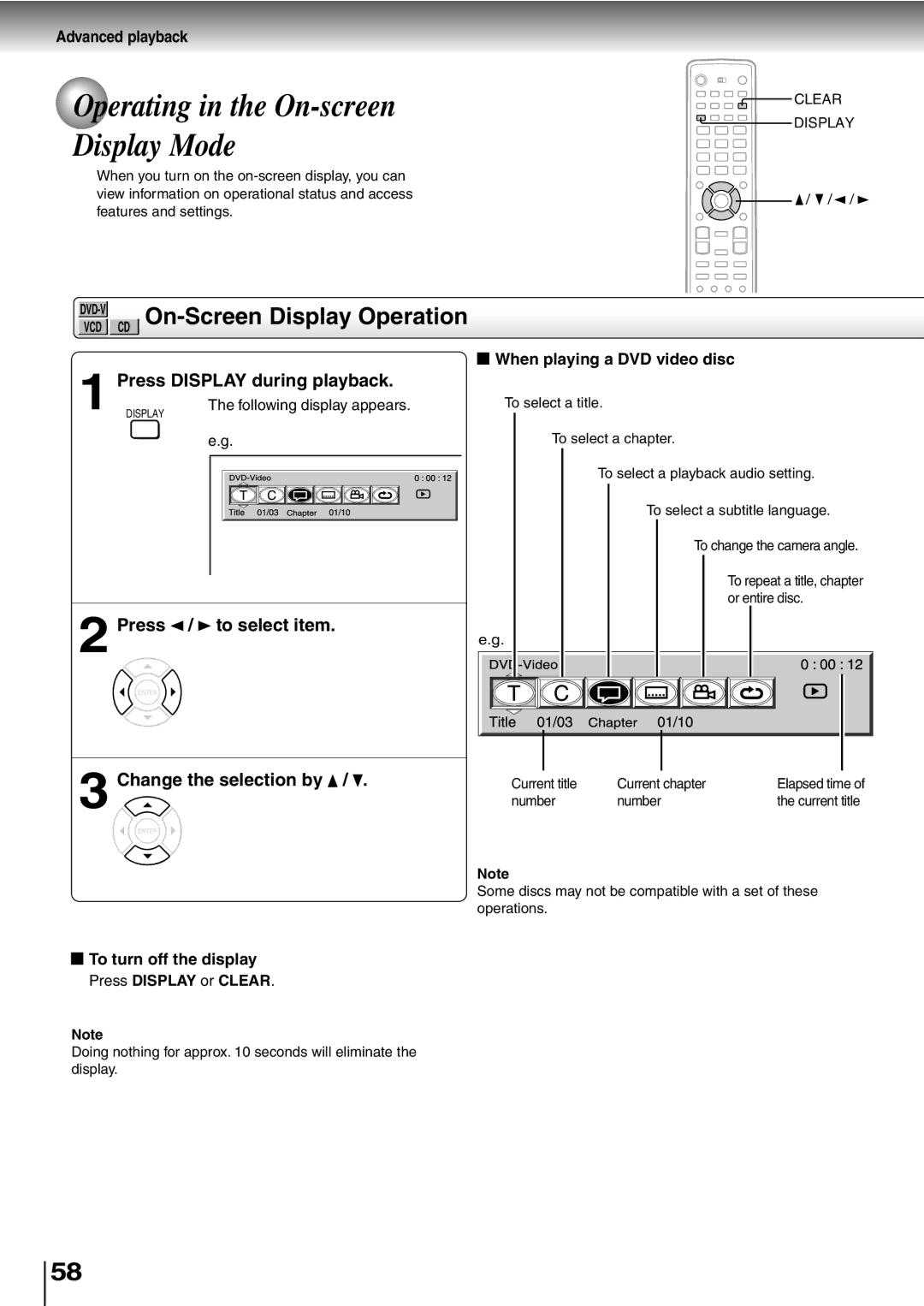 Toshiba SD-P5000 Operating in the On-screen Display Mode, CD On-Screen Display Operation, Press Display during playback 