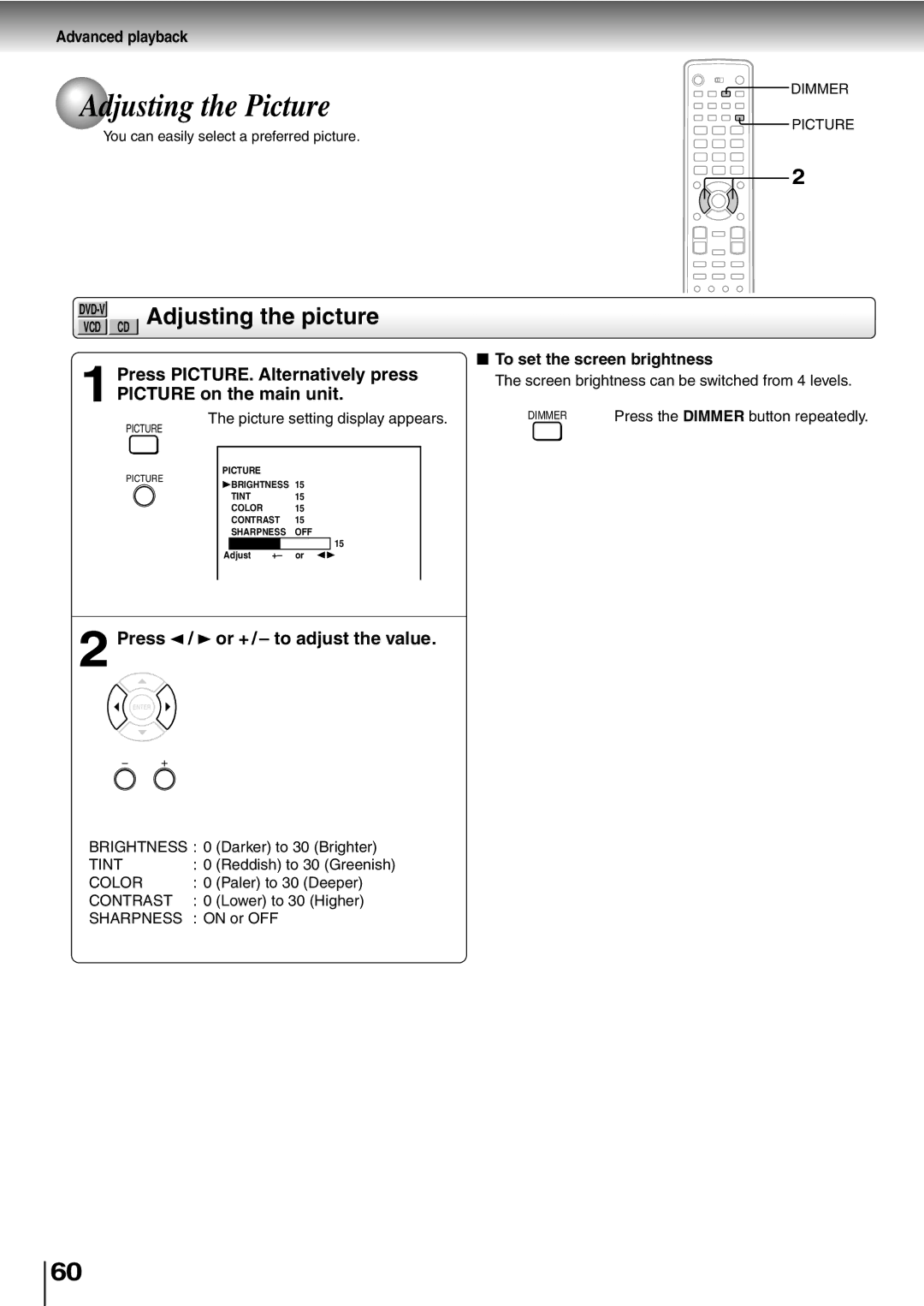 Toshiba SD-P5000 manual Picture setting display appears 