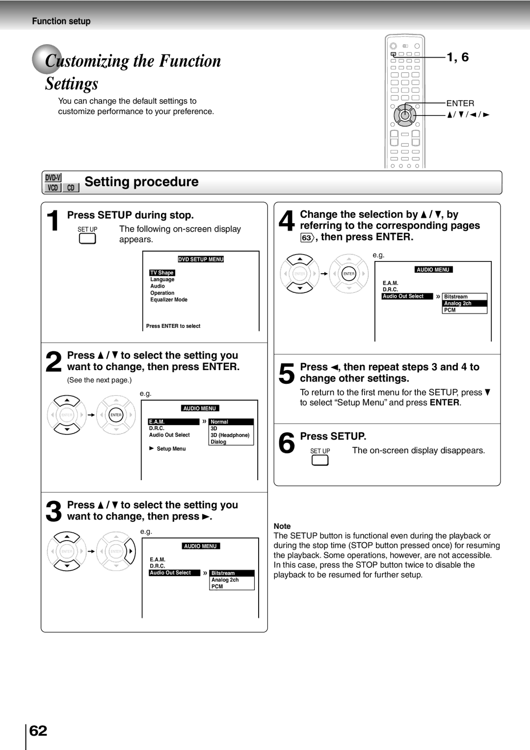 Toshiba SD-P5000 manual Customizing the Function Settings, CD Setting procedure, Press Setup during stop, Function setup 