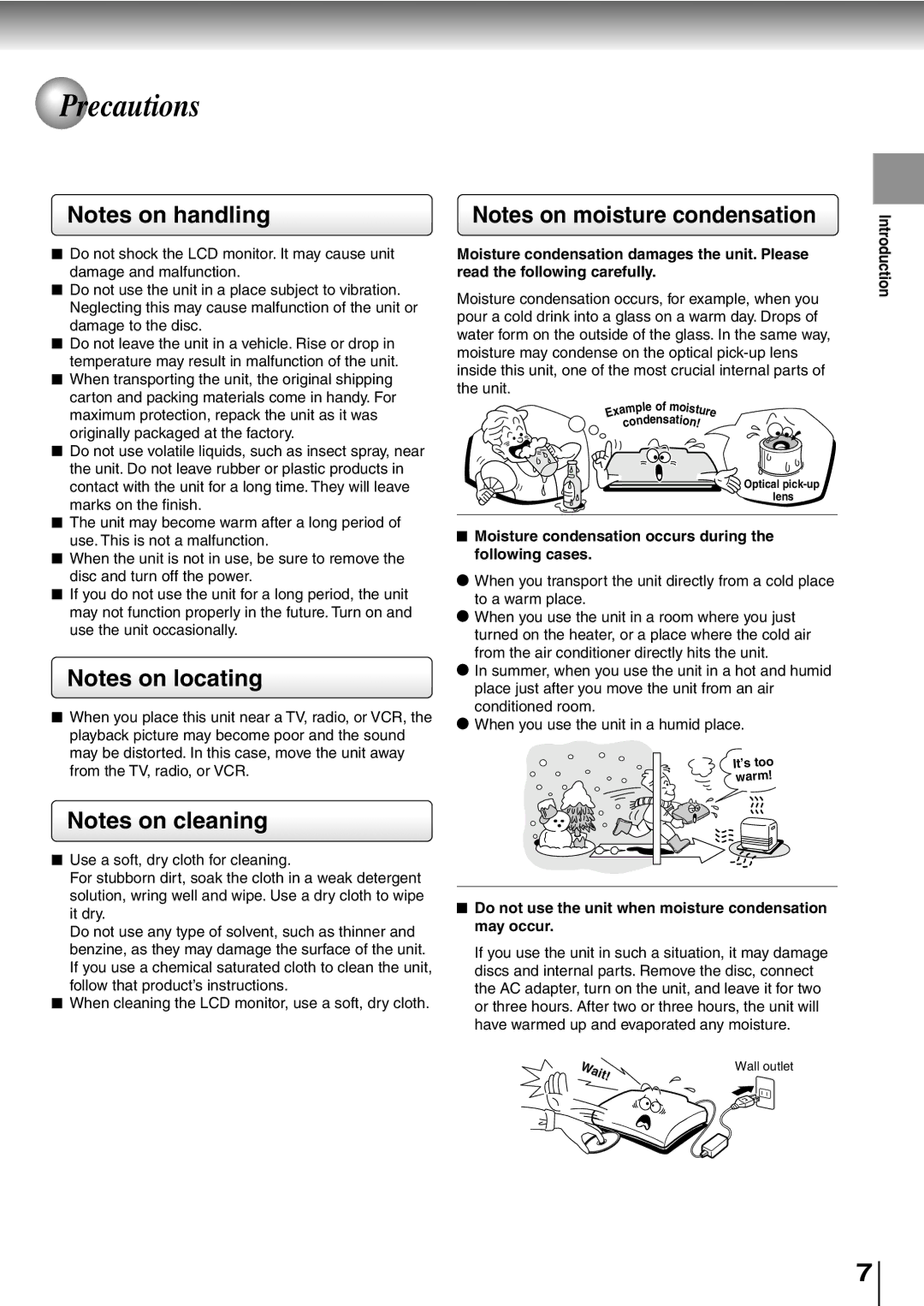 Toshiba SD-P5000 manual Precautions, Wait, Moisture condensation occurs during the following cases 