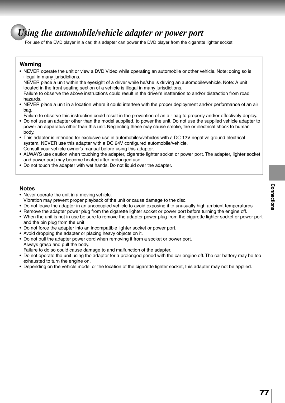 Toshiba SD-P5000 manual Using the automobile/vehicle adapter or power port 