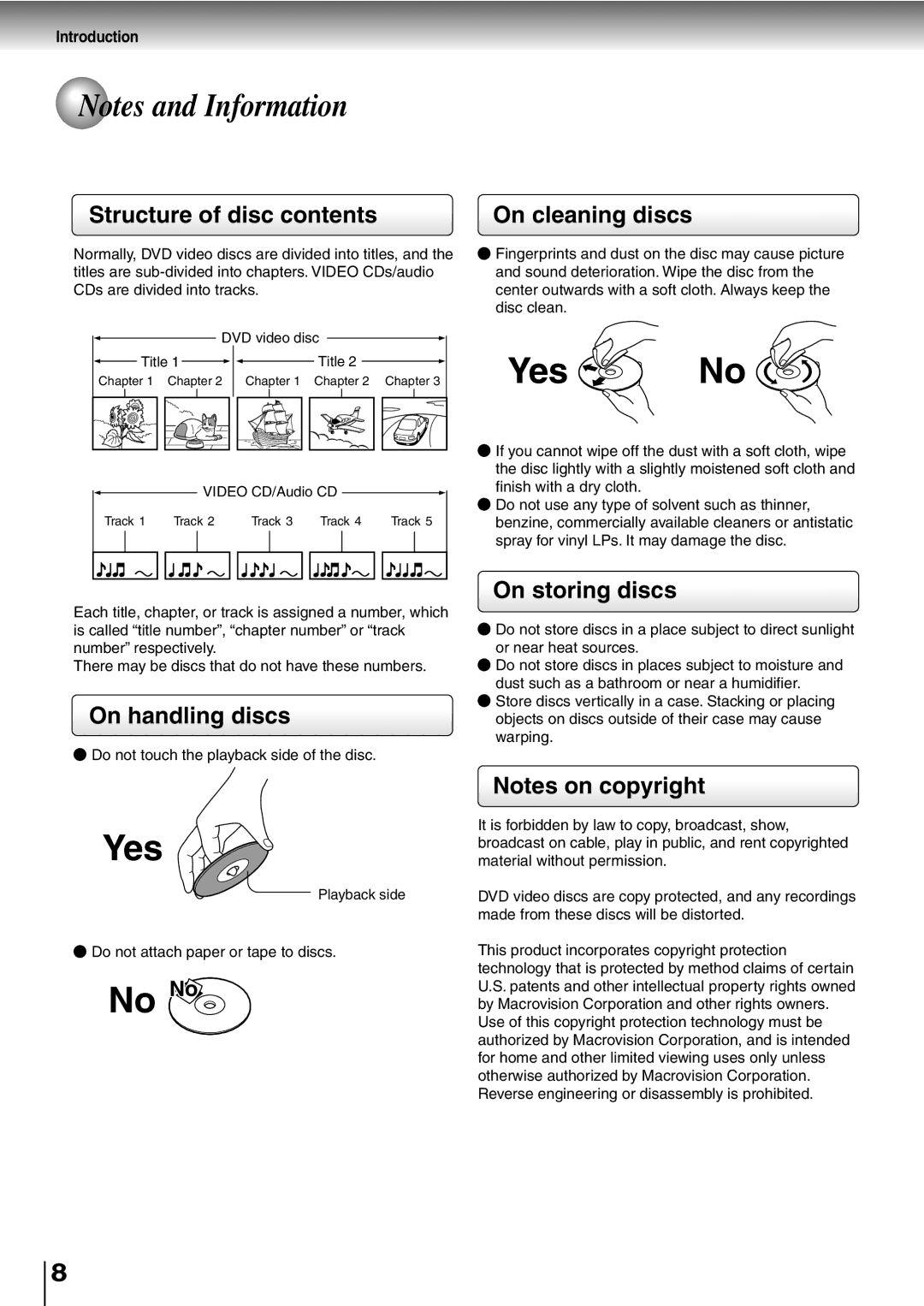 Toshiba SD-P5000 manual Structure of disc contents On cleaning discs, On handling discs, On storing discs 