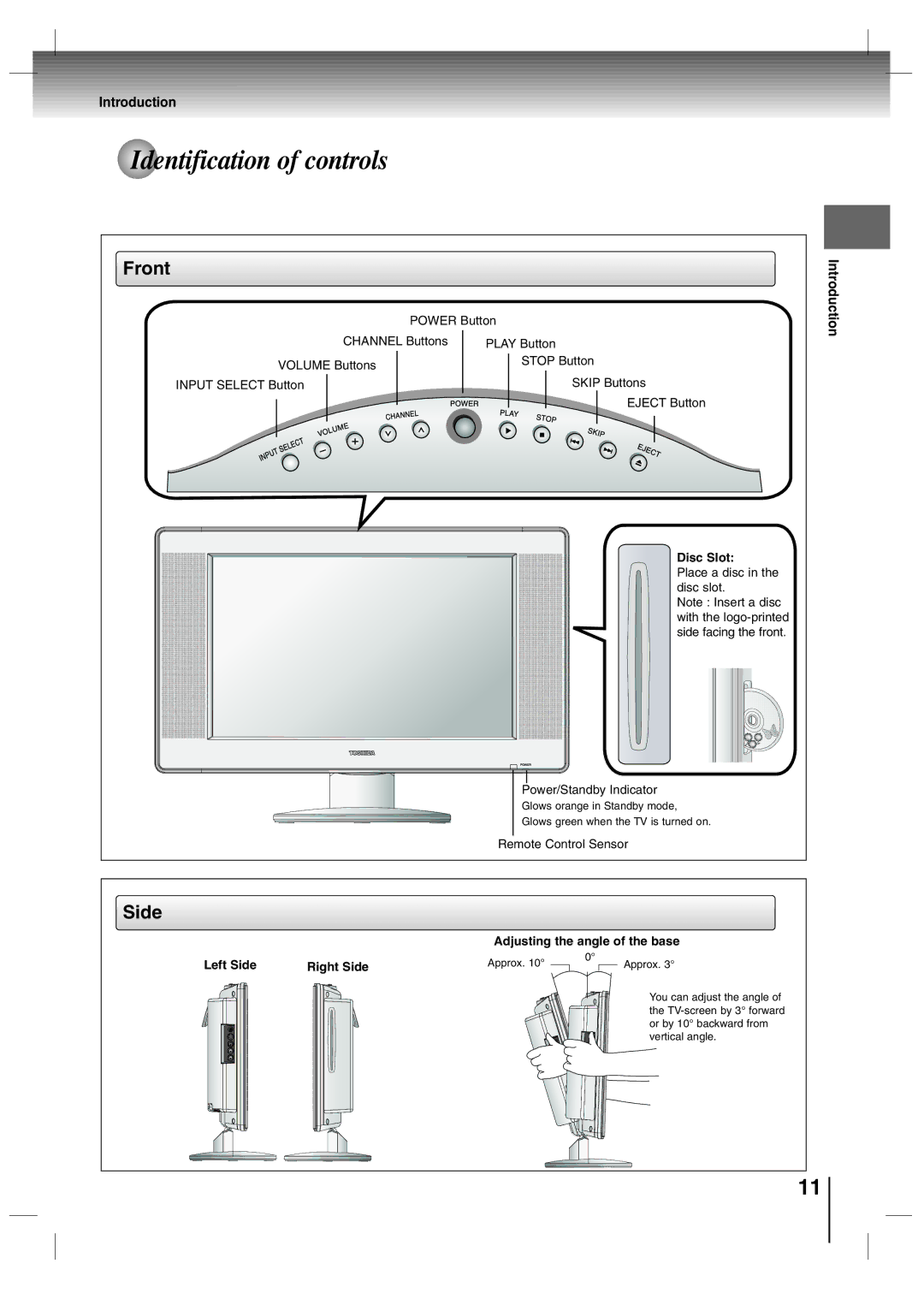 Toshiba SD-P7000 owner manual Identification of controls, Disc Slot, Adjusting the angle of the base Left Side Right Side 