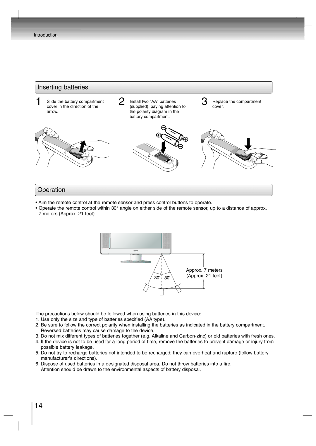 Toshiba SD-P7000 owner manual Inserting batteries 