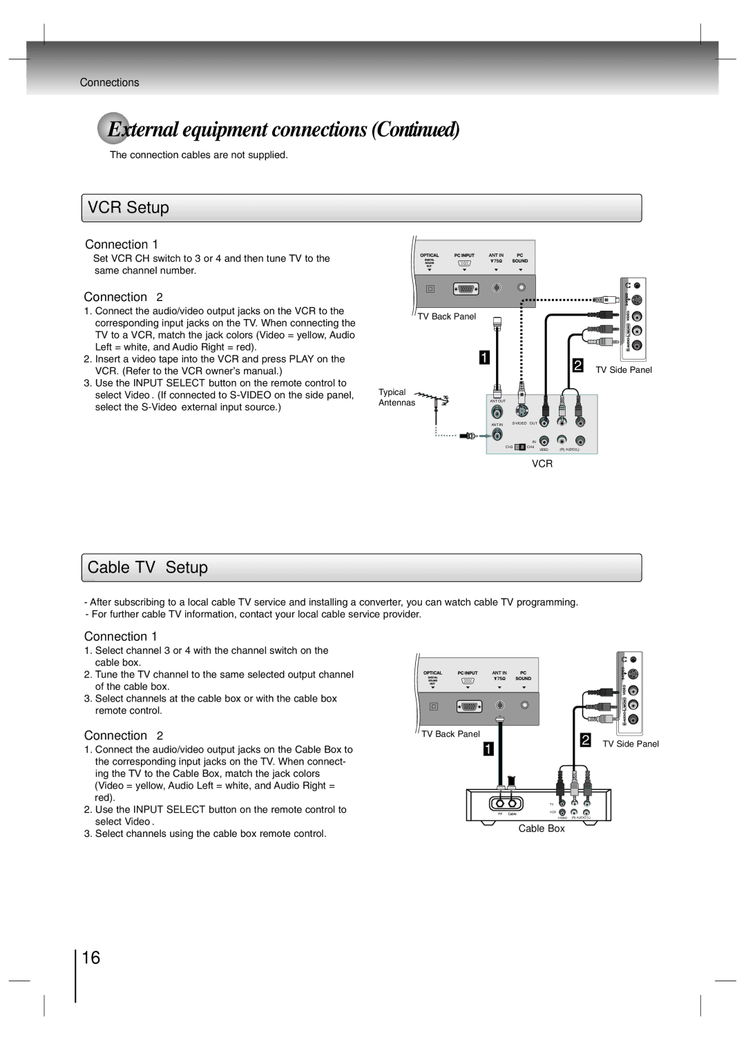 Toshiba SD-P7000 owner manual VCR Setup, Cable TV Setup, Connection, Cable Box 