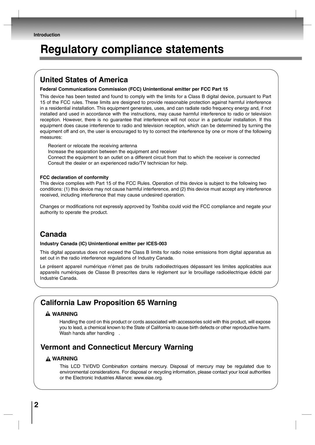 Toshiba SD-P7000 owner manual Regulatory compliance statements 