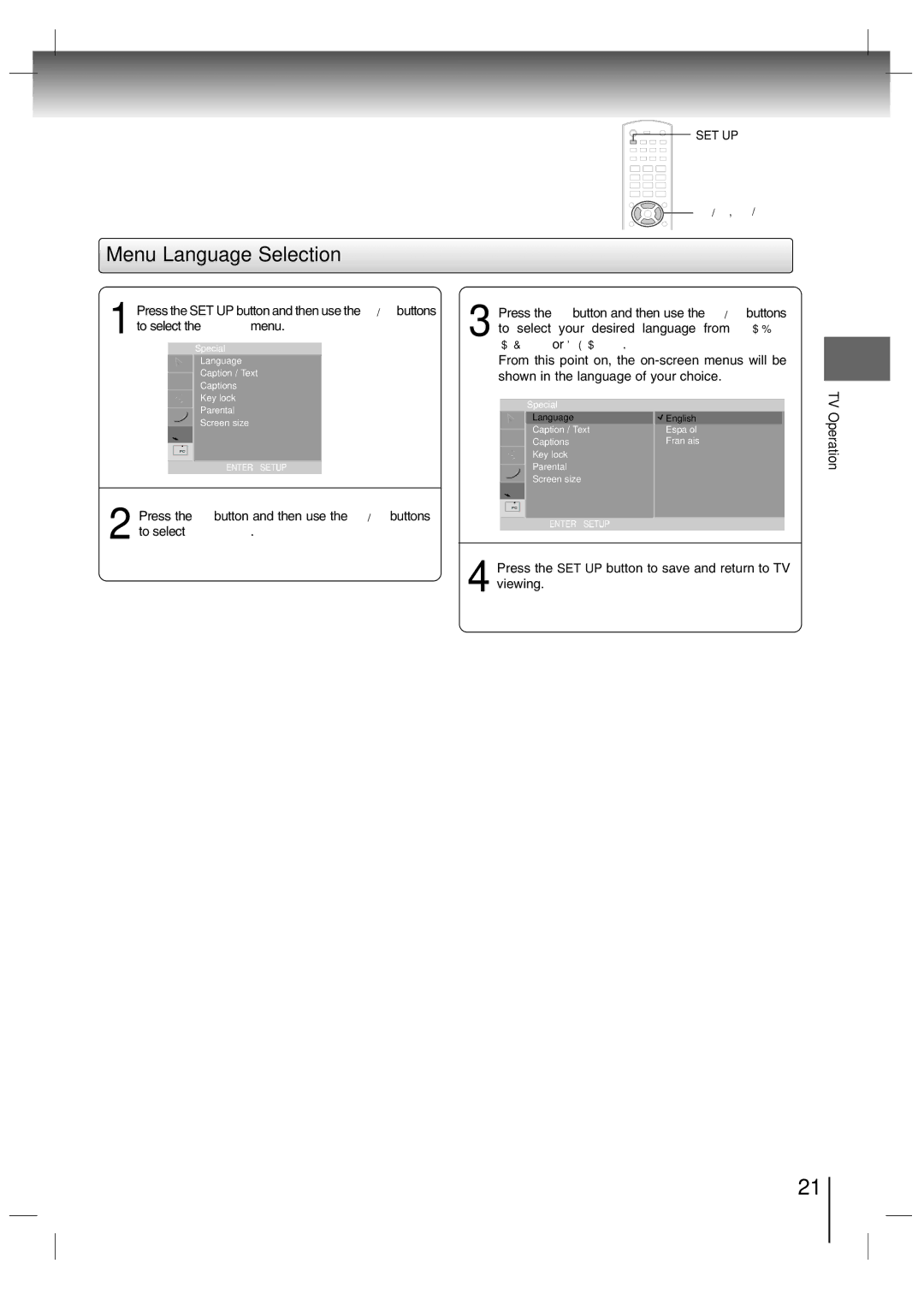 Toshiba SD-P7000 owner manual Menu Language Selection, TV Operation 