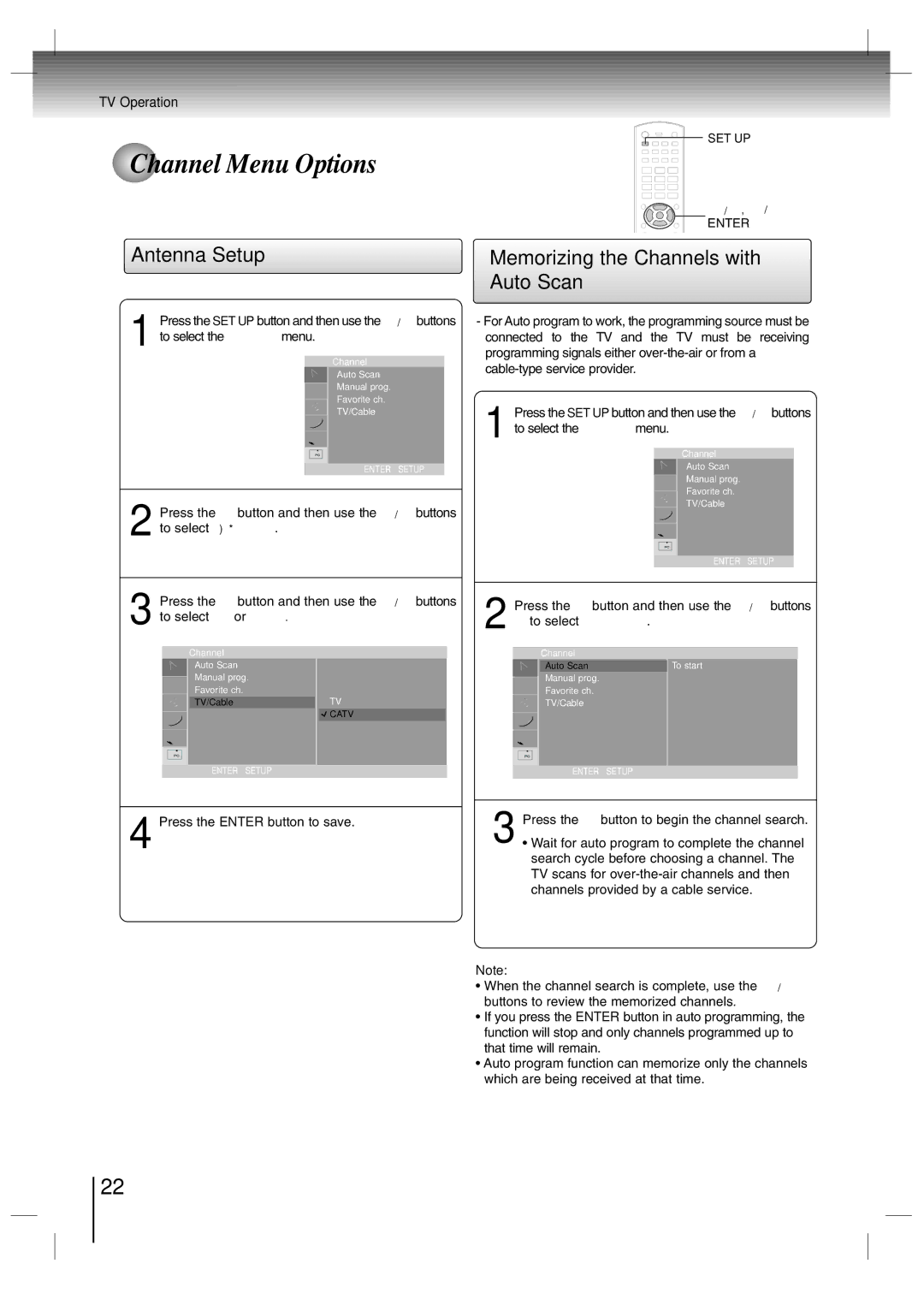 Toshiba SD-P7000 owner manual Channel Menu Options, Antenna Setup, Memorizing the Channels with Auto Scan 