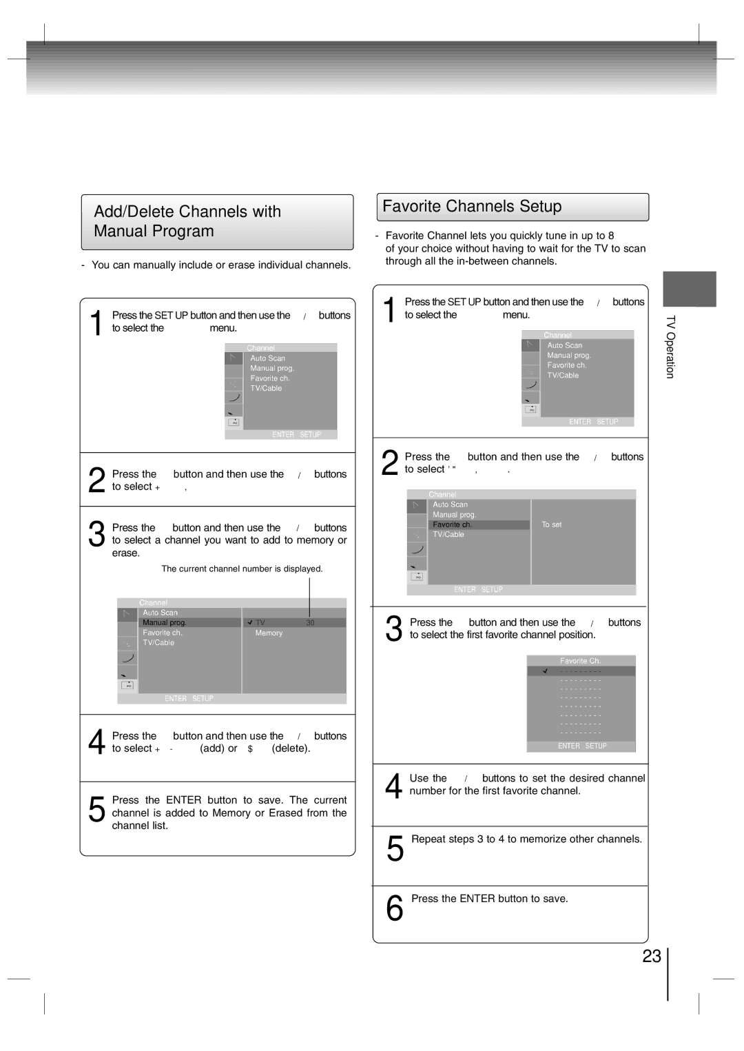 Toshiba SD-P7000 owner manual Add/Delete Channels with Manual Program, Favorite Channels Setup 