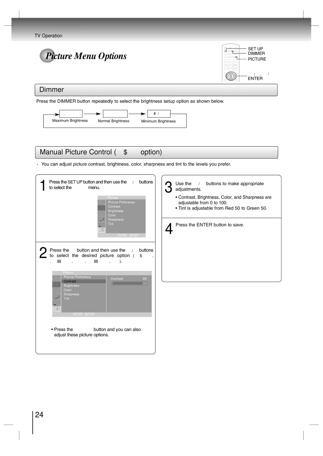 Toshiba SD-P7000 owner manual Picture Menu Options, Dimmer, Manual Picture Control User option 