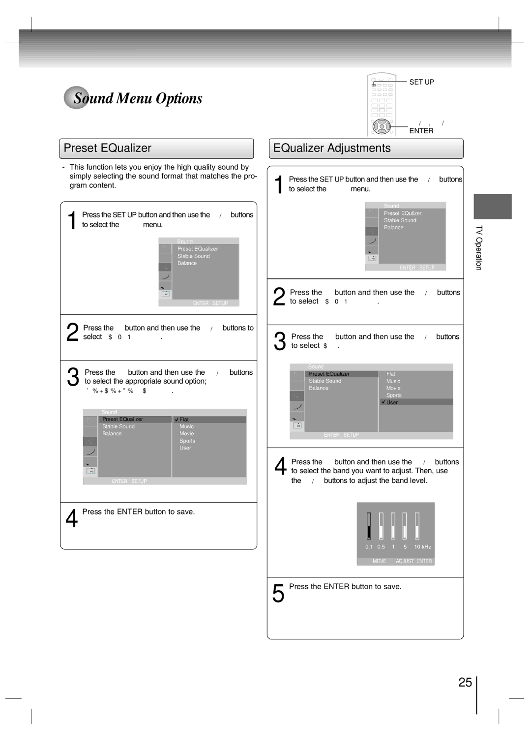 Toshiba SD-P7000 owner manual Sound Menu Options, Preset EQualizer, EQualizer Adjustments 